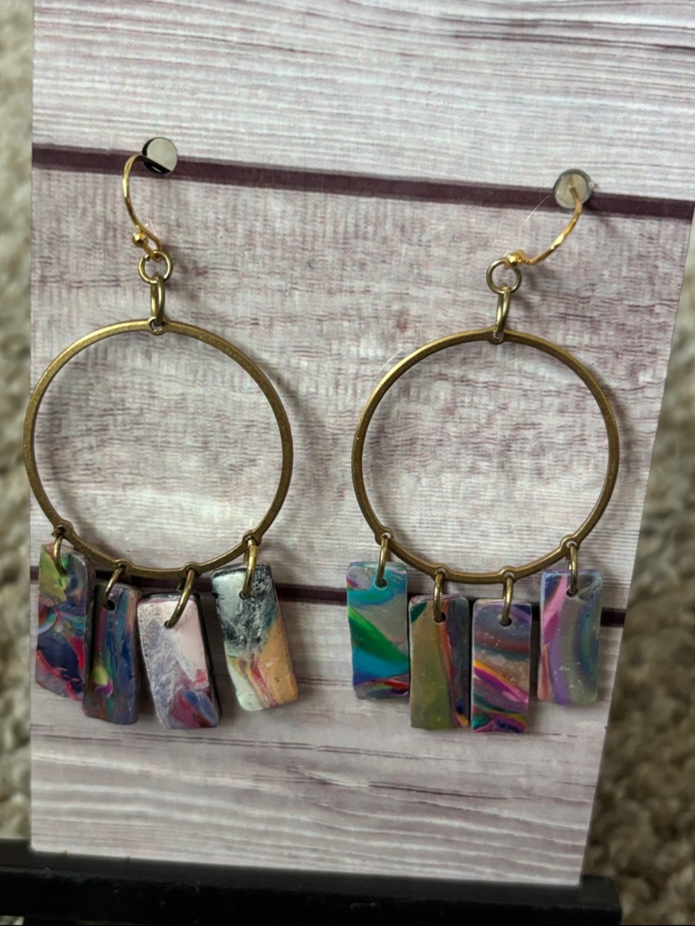 Handmade Multicolor Hoop Dangle Polymer Clay Earrings - New